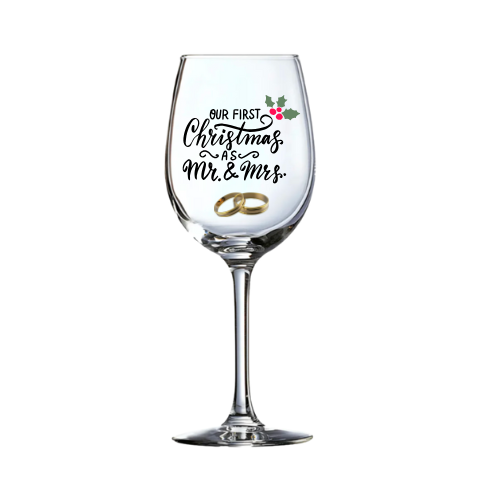 Our fist christmas married wine glass