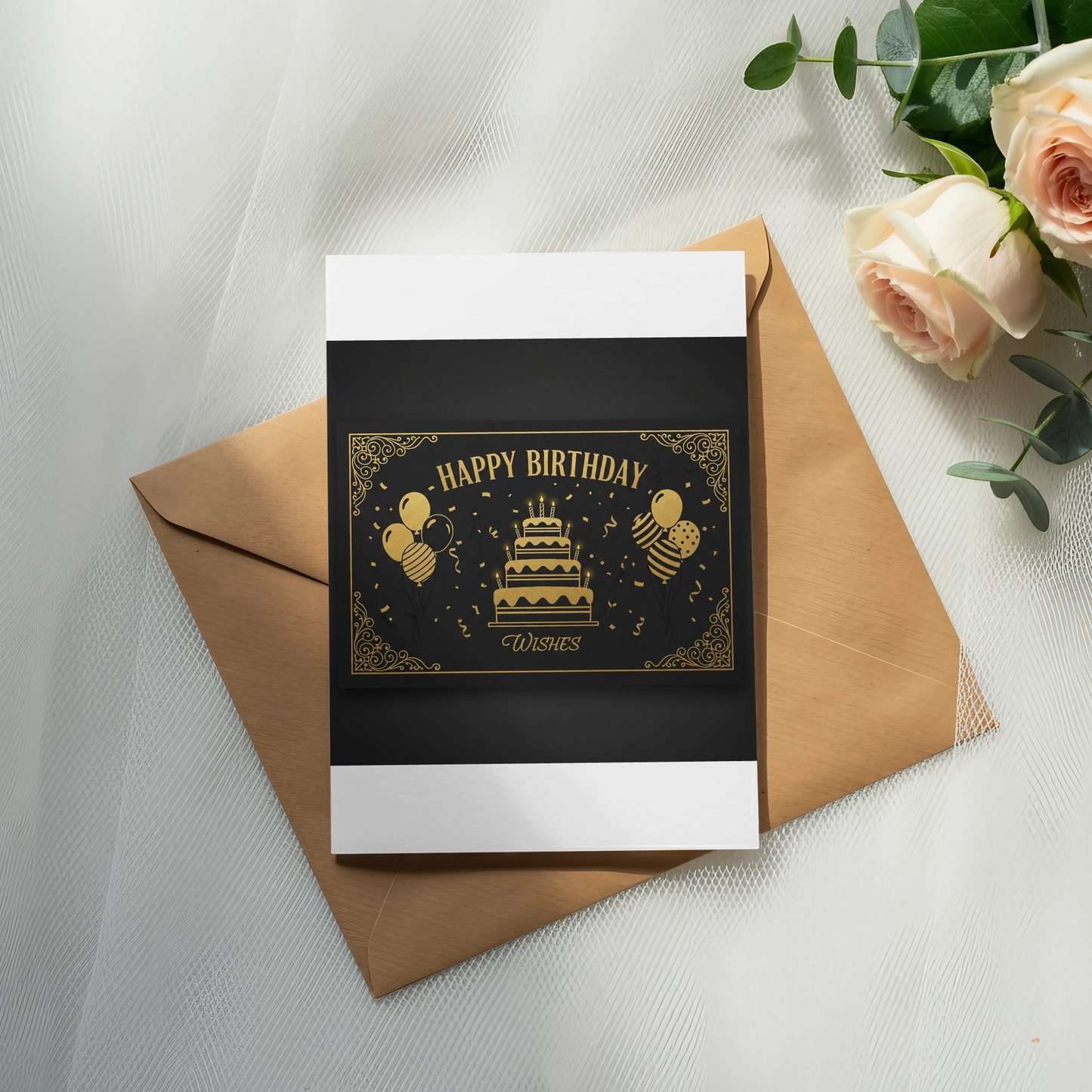 Elegant Black and Gold Birthday Card, Handmade Greeting, Floral Design, Luxury Envelope Included