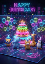 Happy Birthday Neon Party Animals, Colorful Cake, Balloons LED Canvas Wall Art