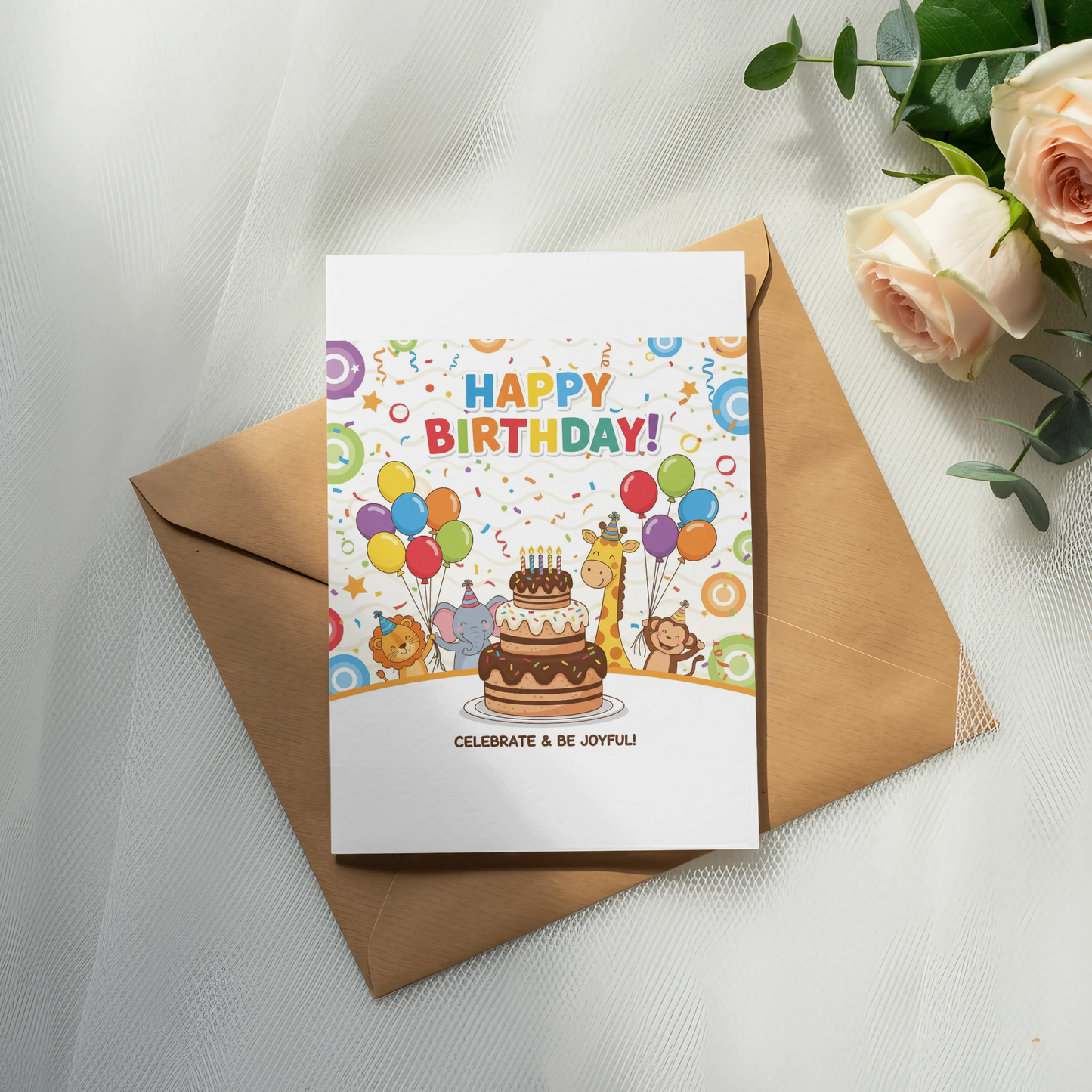 Happy Birthday Greeting Card, Colorful Balloon and Cake Design, Joyful Celebration, Party Stationery with Envelope