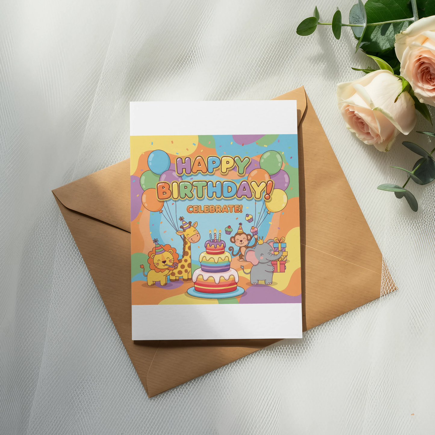 Colorful Birthday Card with Animals, Kids Animal Party Theme, Cute Celebration Greeting Card