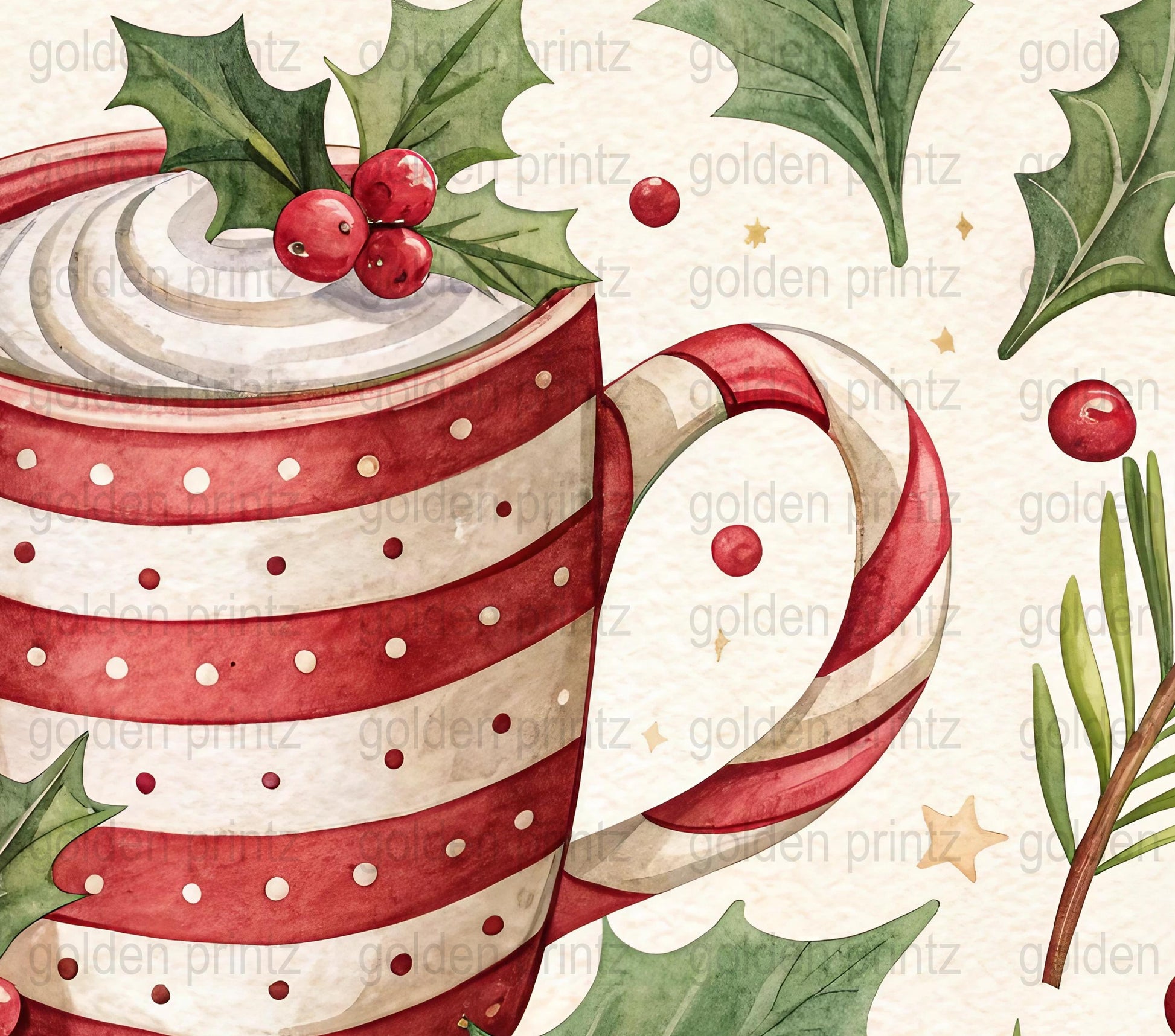 Festive Red and White Polka Dot Holiday Mug with Candy Cane and Holly Illustration, Christmas Coffee Cup Art Print