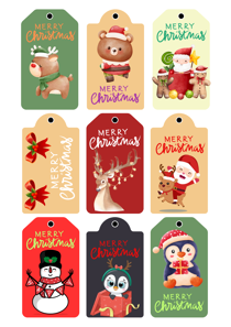Christmas Gift Tags, Festive Holiday Characters, Santa Snowman Reindeer, Set of 9 Tags