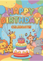 Colorful Happy Birthday Banner, Kids Party Decor, Giraffe Elephant Cartoon, Celebration Wall Art