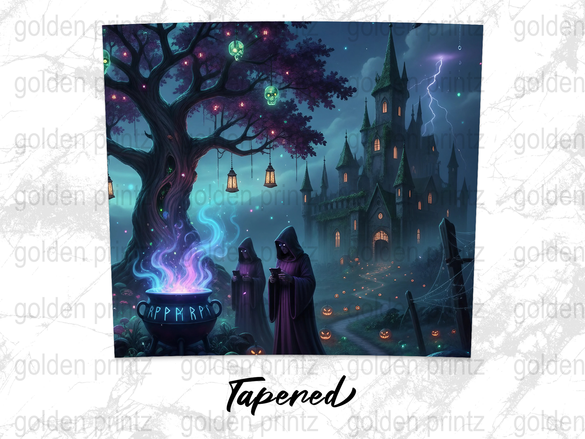 Enchanted Forest Halloween Art Print, Spooky Castle and Witches, Mystical Fantasy Wall Decor
