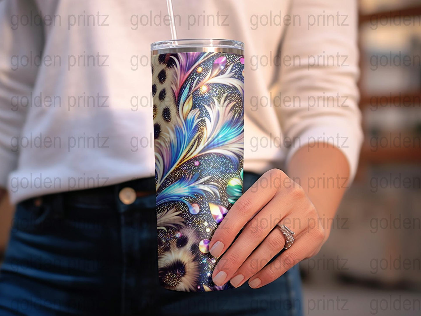 Colorful Peacock Feather Design Tumbler, Insulated Travel Cup, Gift Idea