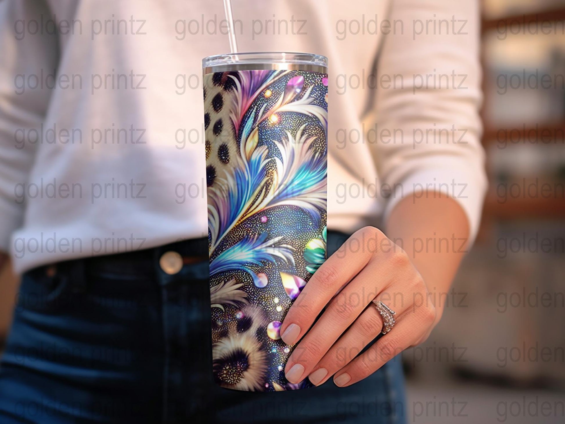 Colorful Peacock Feather Design Tumbler, Insulated Travel Cup, Gift Idea