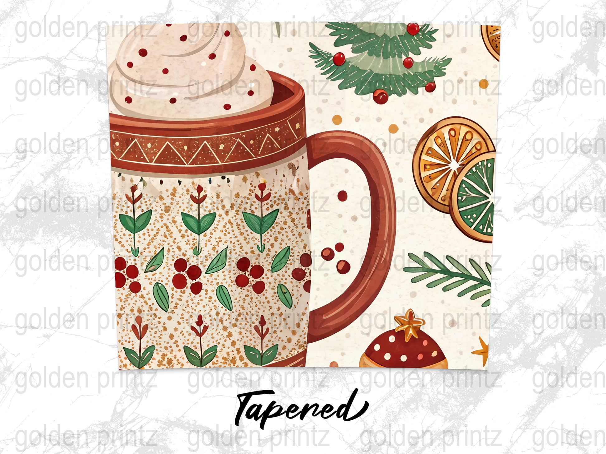 Festive Holiday Tapered Mug with Mistletoe and Berries Design, Christmas Ceramic Coffee Cup Gift