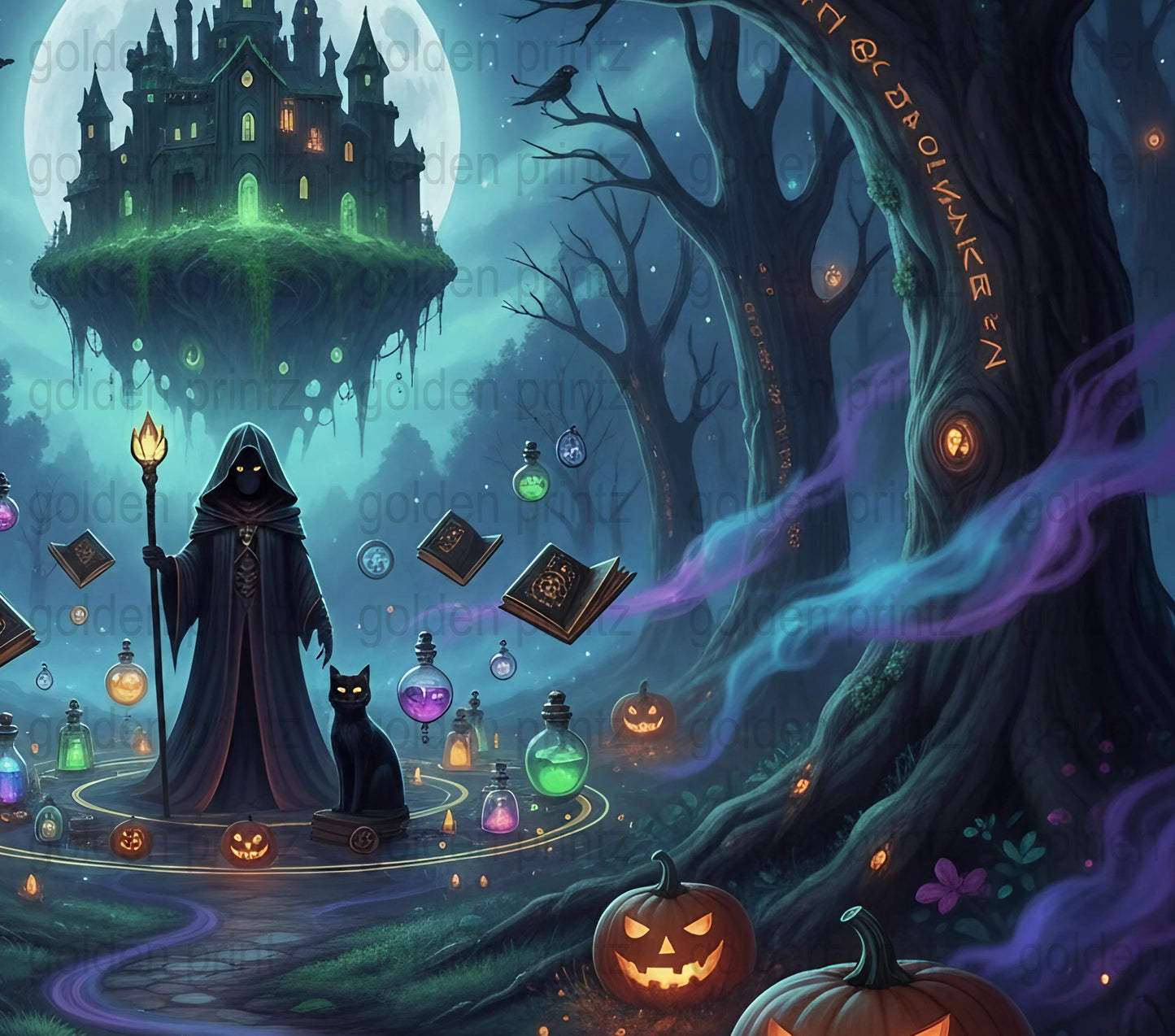 Enchanted Forest Art Print, Halloween Witch Castle Illustration, Mystical Autumn Decor, Fantasy Landscape Poster, Spooky Home Wall Art