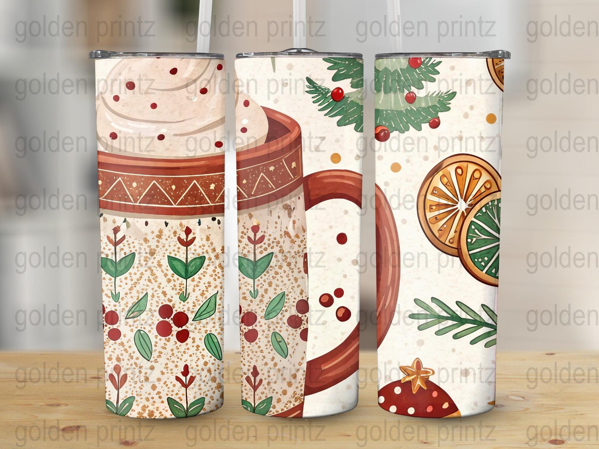 Christmas Tumbler Cups, Festive Holiday Drinkware, Winter Berries and Orange Slices Design, Seasonal Gift Idea