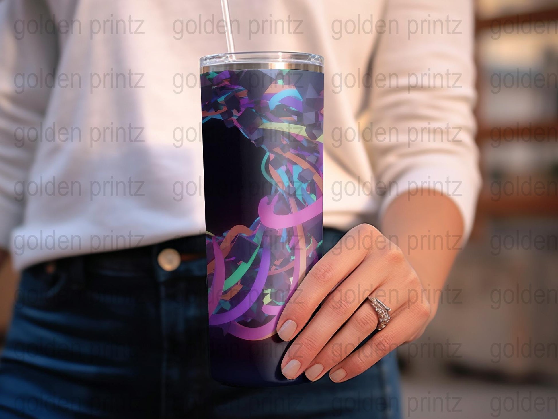 Stylish Blue Tumbler with Colorful Abstract Design, Reusable Drinkware, Unique Gift Idea