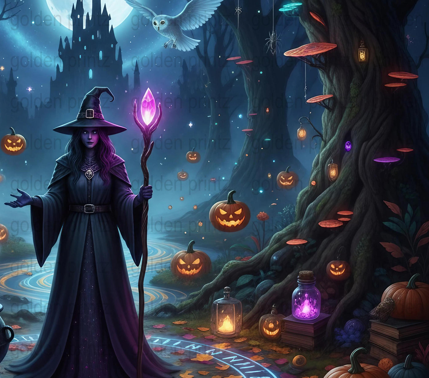 Enchanted Forest Witch Halloween Art Print, Mystical Castle and Pumpkins, Fantasy Wall Decor, Magical Night Theme Canvas