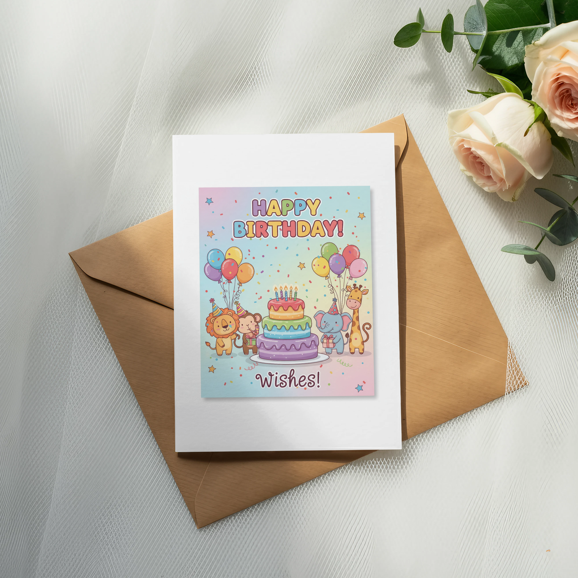 Cute Animal Birthday Card, Happy Birthday Wishes, Kids Fun Greeting Card with Envelope