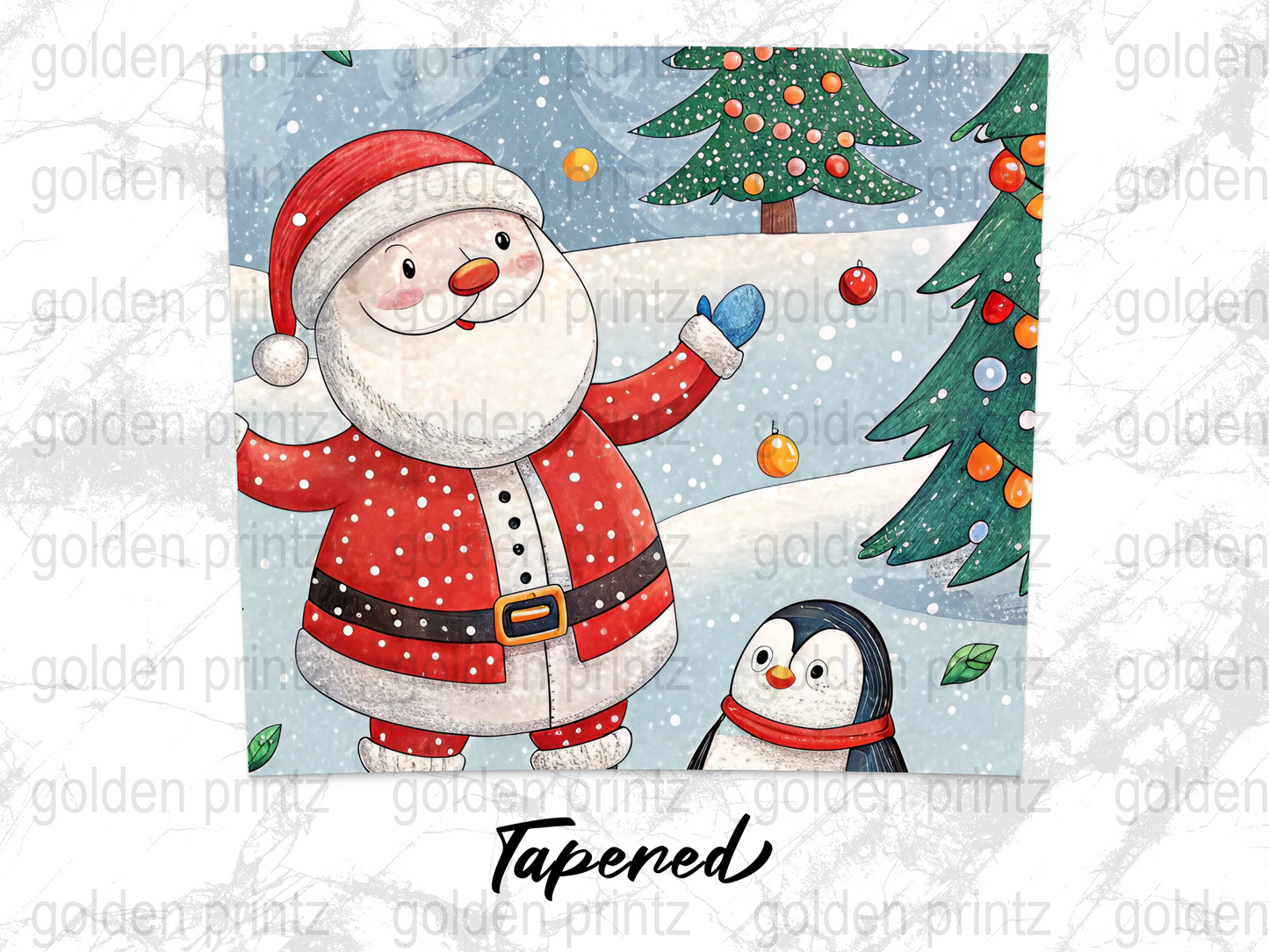 Christmas Santa Claus and Penguin Art Print, Holiday Wall Decor, Festive Snowy Scene Illustration