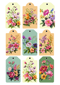 Vintage Floral Tags, Set of 10, Colorful Bouquet Designs, Gift Favor Labels, Wedding Decor, Botanical Garden Theme, Hanging Tag