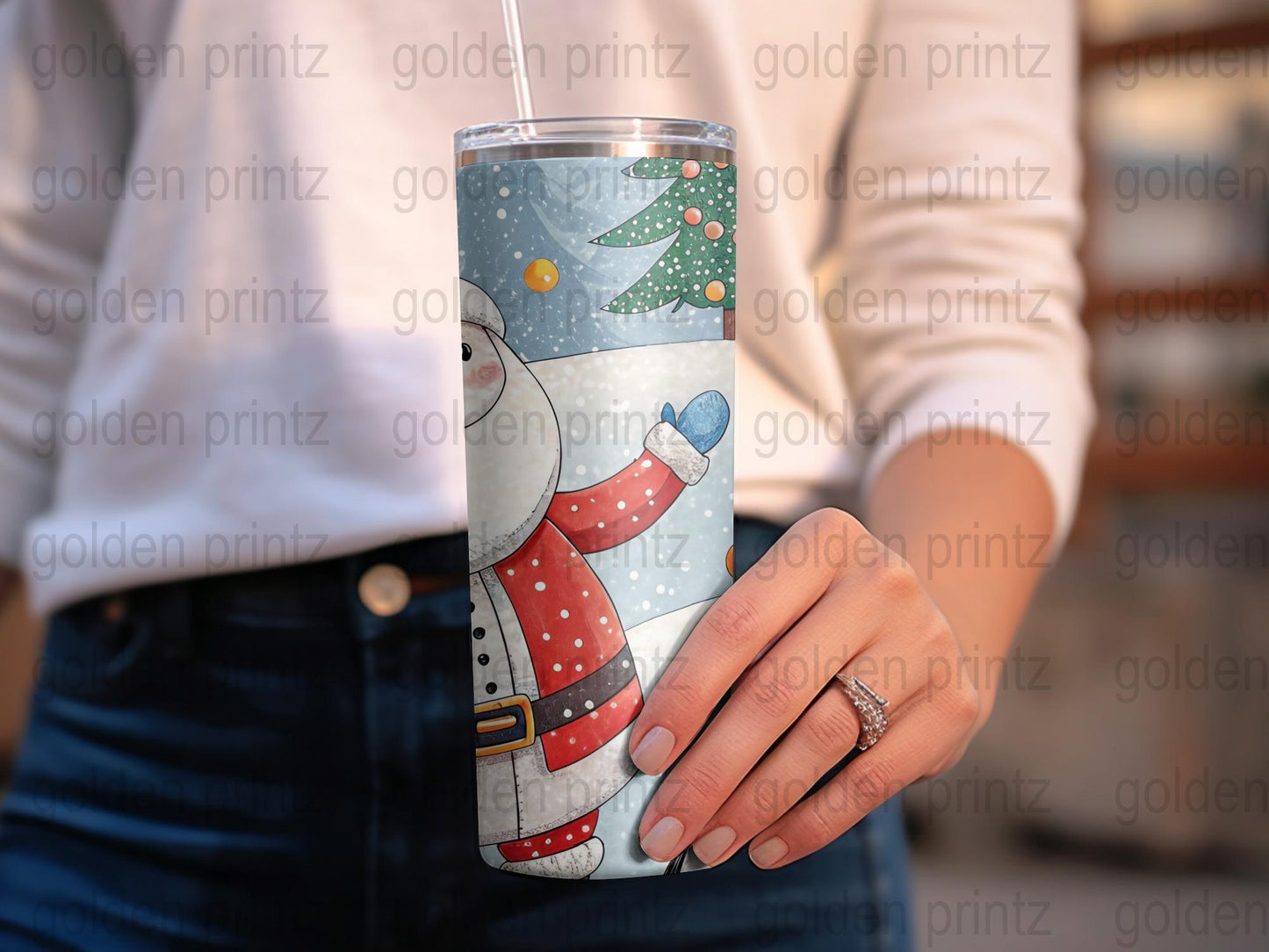 Christmas Tumbler with Snowman and Trees Design, Festive Holiday Drinkware, Insulated Stainless Steel Cup