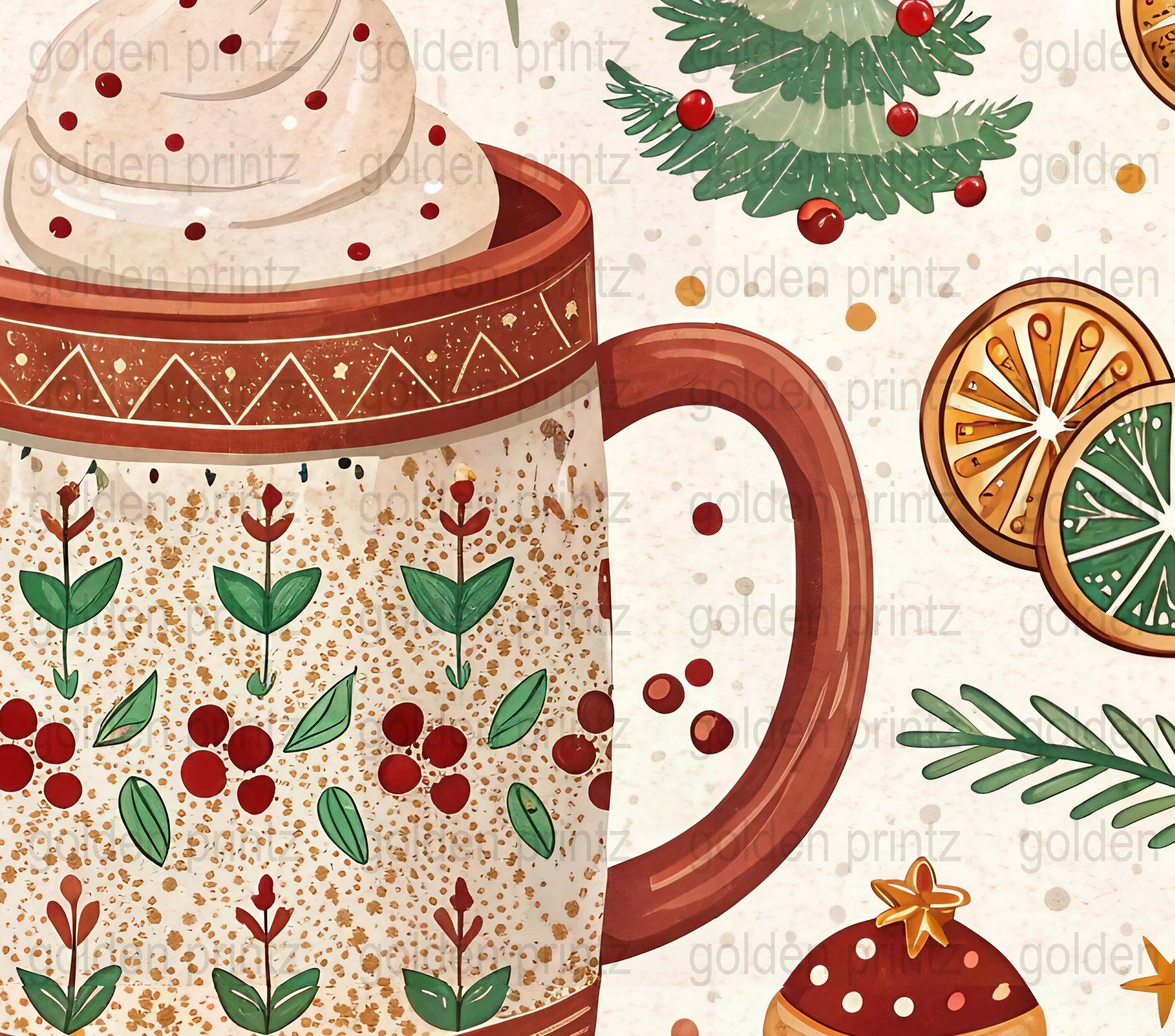 Festive Holiday Mug with Whipped Cream Top, Christmas Berries Design, Gift Idea