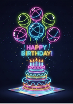 Neon Glow Happy Birthday Balloons and Cake Poster, Colorful Party Decor, Vibrant Wall Art, Festive Celebration Print