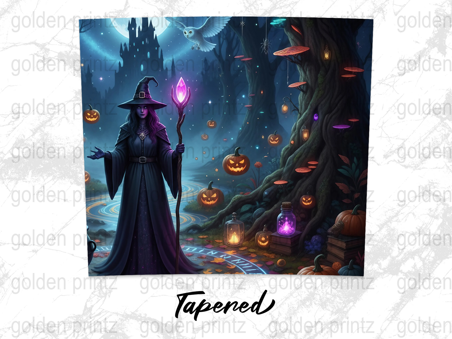 Enchanted Forest Witch Poster, Halloween Art Print, Magical Fantasy Wall Decor, Spooky Pumpkin Illustration