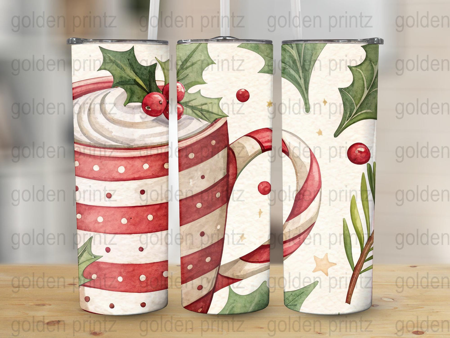 Festive Holiday Tumbler Cups, Red Striped Candy Cane Christmas Tumblers, Winter Beverage Accessories, Set of Three Tumblers