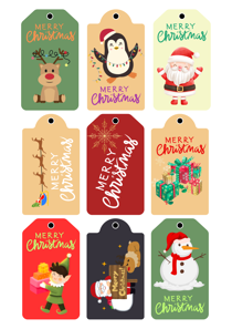 Christmas Gift Tags Assortment, Holiday Themed Labels, Santa, Reindeer, Snowman, Penguin, Pack of 10