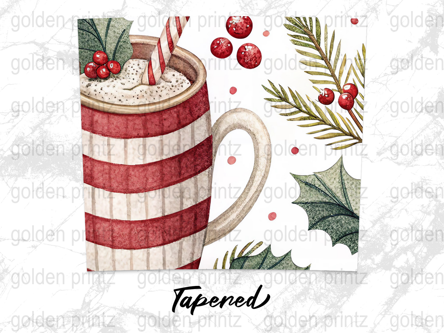 Christmas Coffee Mug Design, Striped Holiday Cup, Winter Berries and Leaves, Festive Drinkware Illustration, Seasonal Kitchen Decor