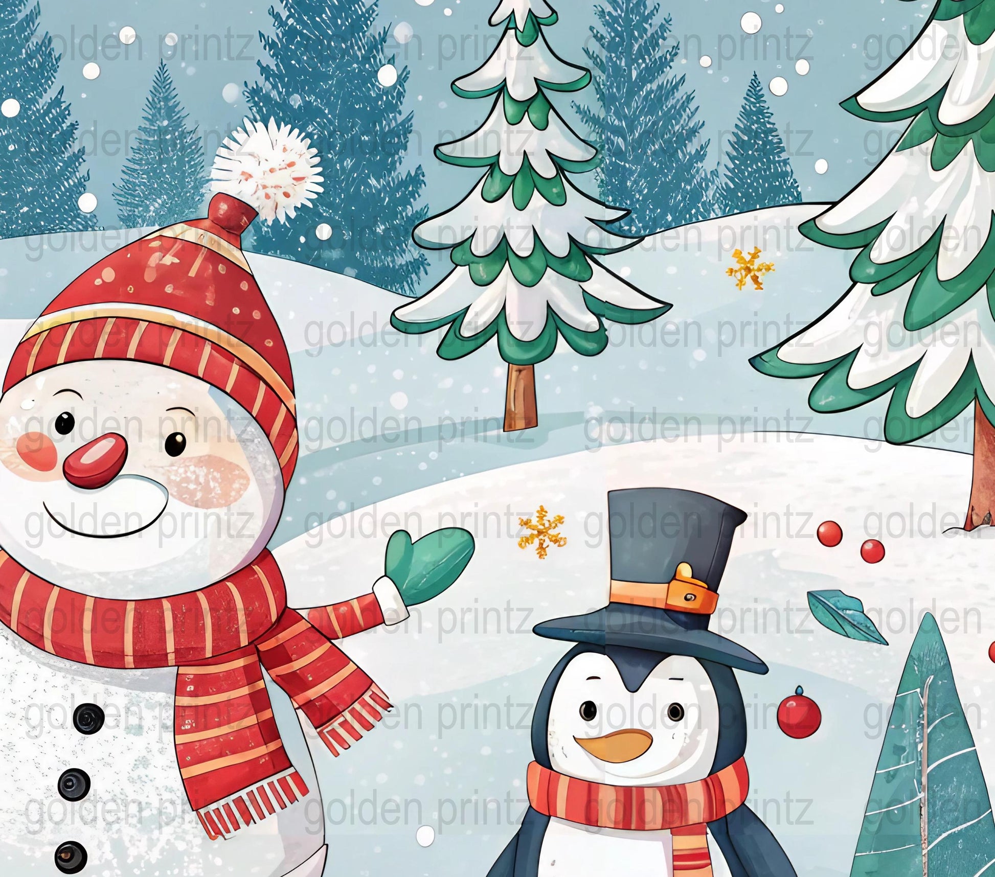 Winter Wonderland Snowman and Penguin Illustration, Festive Christmas Wall Art Decor, Holiday Print for Nursery or Living Room