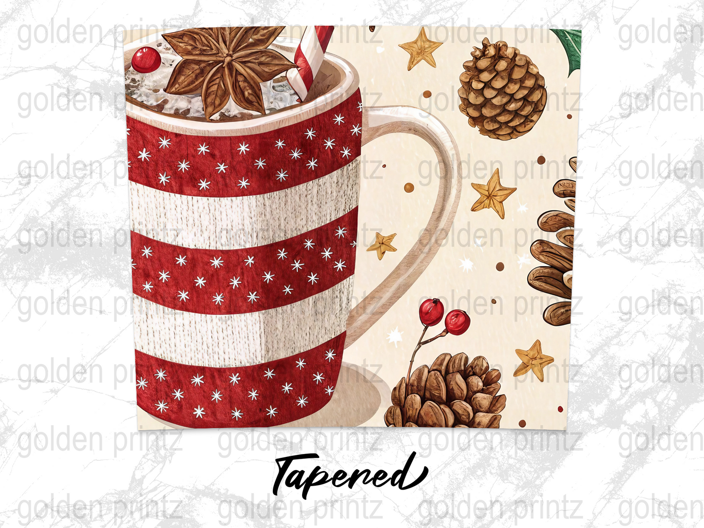 Festive Holiday Mug with Knitted Cover, Star Pattern, Pine Cones, Winter Decor