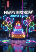 Neon Glow Birthday Card, Colorful Light-Up Cake and Balloons, Festive Celebration, Unique Party Invitation Design