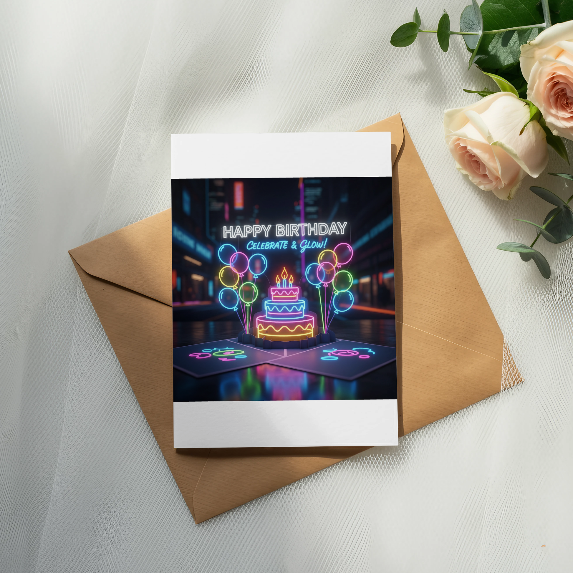 Neon Glow Birthday Card, Happy Birthday Celebrate and Glow, Unique Festive Greeting Card with Envelope