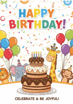 Happy Birthday Celebration Card with Cute Animals and Cake, Colorful Balloon Design for Kids Party