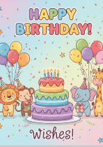 Happy Birthday Wishes Card, Festive Animal Characters, Colorful Balloons and Cake, Children's Birthday Greeting Card