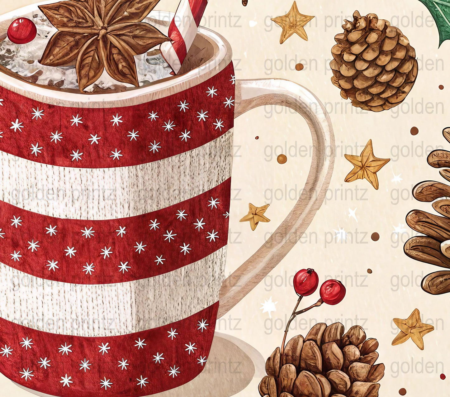Holiday Coffee Mug Wrap Design, Rustic Pine Cone and Star Anise, Festive Christmas Printable, Red and White Decor