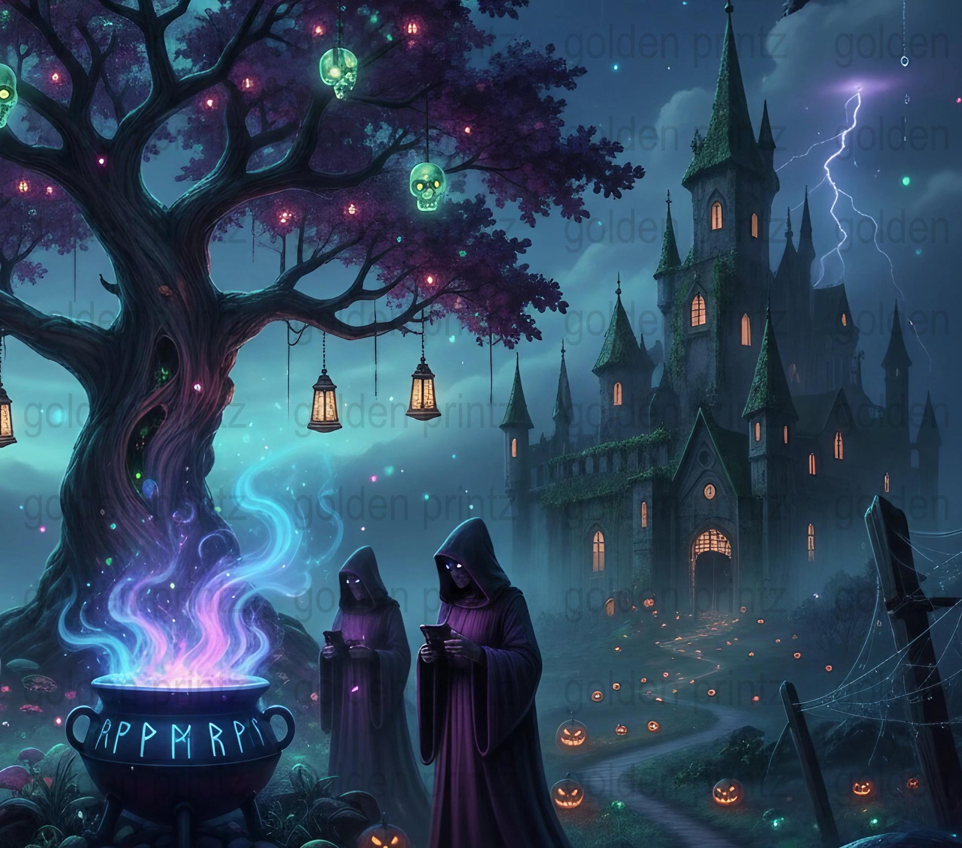 Enchanted Castle Art Print, Mystical Forest, Magic Cauldron, Wizard Wall Decor, Haunted House Poster, Fantasy Landscape Illustration