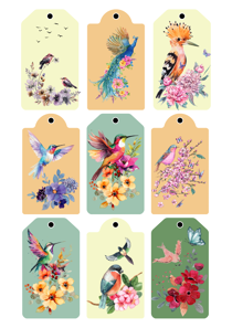 Set of 9 Bird and Floral Tags, Colorful Spring Gift Tags, Decorative Bird Illustrations, Seasonal Paper Crafts Tags