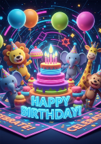 Happy Birthday Card with Animals, Colorful Balloons, and Cake, Kids Birthday Party Invitation, Digital Download