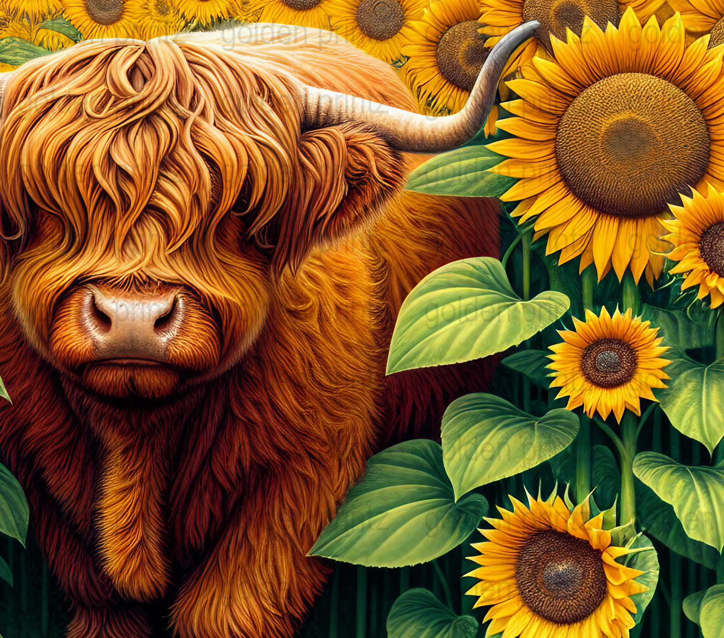 Highland Cow and Sunflowers Wall Art, Rustic Farmhouse Decor, Animal Canvas Print, Vibrant Floral Home Decoration, Large Colorful Poster
