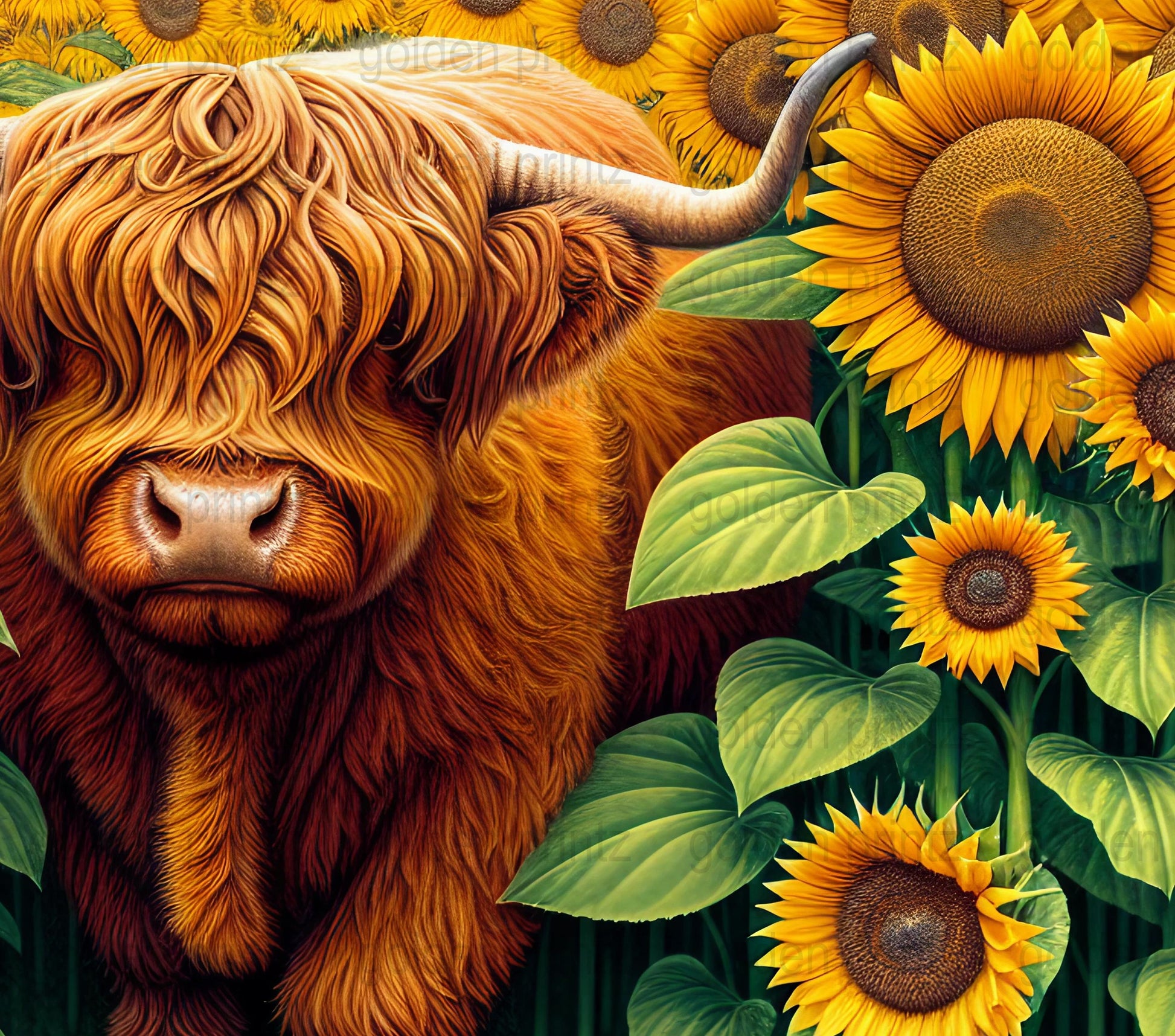 Highland Cow and Sunflowers Wall Art, Rustic Farmhouse Decor, Animal Canvas Print, Vibrant Floral Home Decoration, Large Colorful Poster