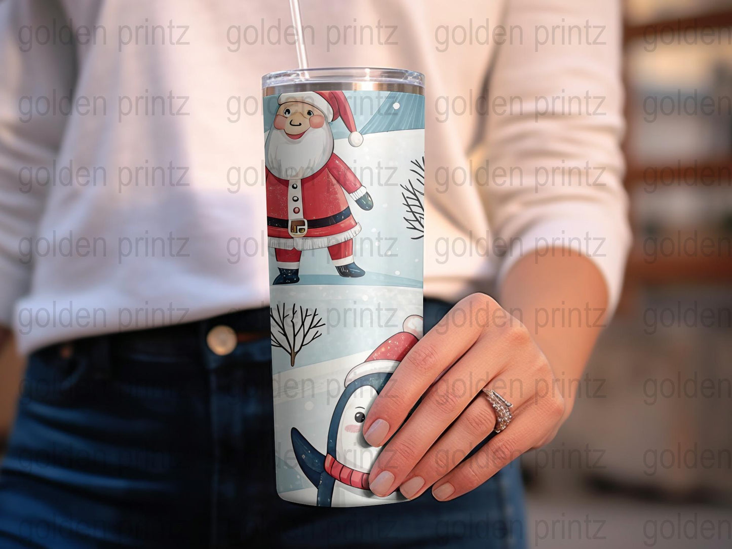Christmas Tumbler, Santa and Penguin Design, Insulated Winter Holiday Drinkware, Festive Gift Idea