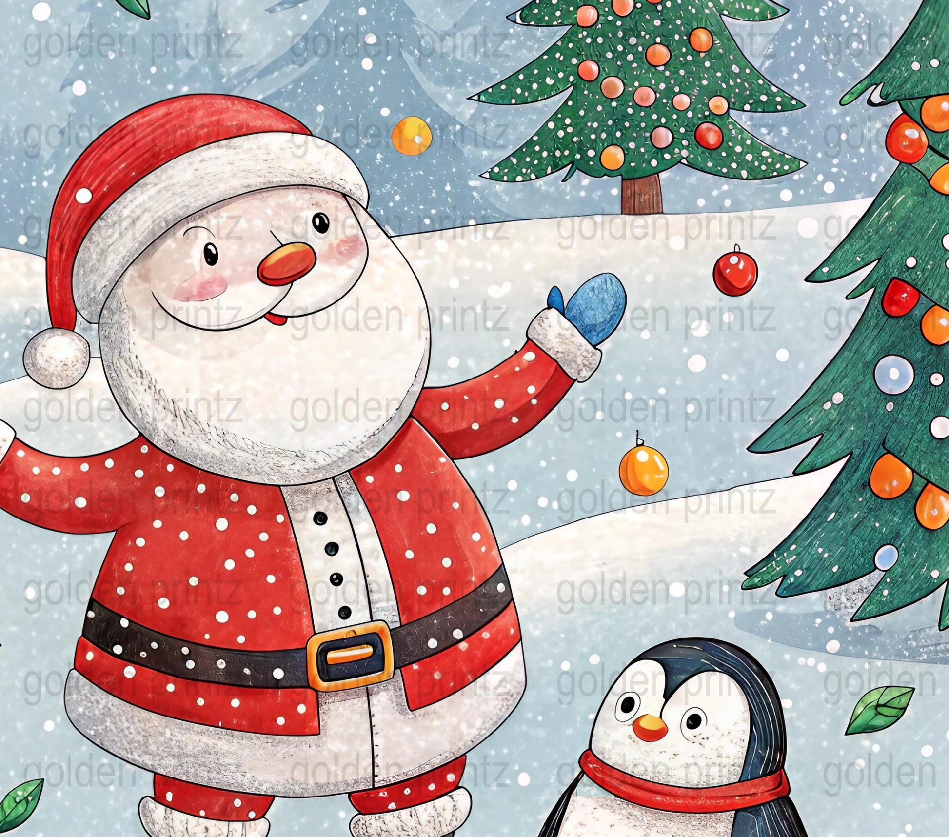 Festive Christmas Santa and Penguin Holiday Cheer Snowy Art Print for Home Decor