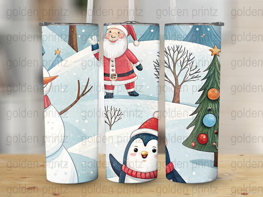 Christmas Water Bottle, Santa and Penguin Design, Reusable Stainless Steel, Kids Holiday Gift, Insulated Drinkware, Snow and Trees Decor