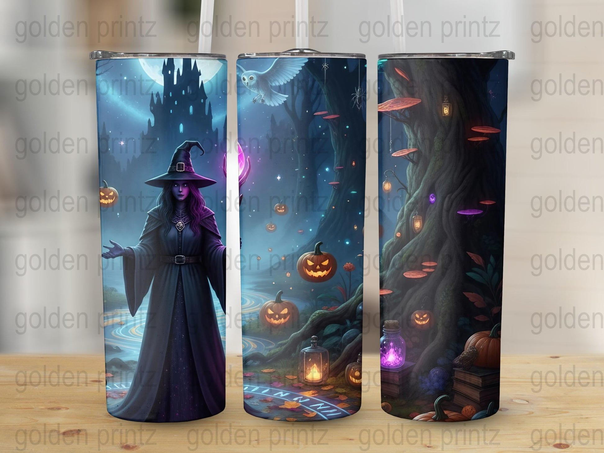 Enchanted Forest Witch and Magical Creatures Halloween Stainless Steel Tumbler Set