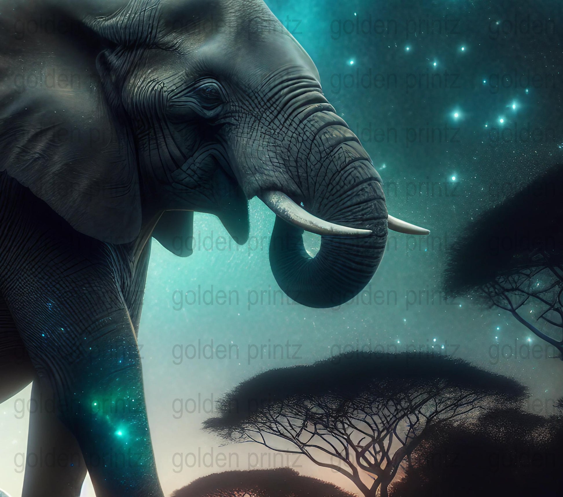Majestic Elephant Under Starry Night Sky Canvas Print, African Wildlife Home Decor Wall Art
