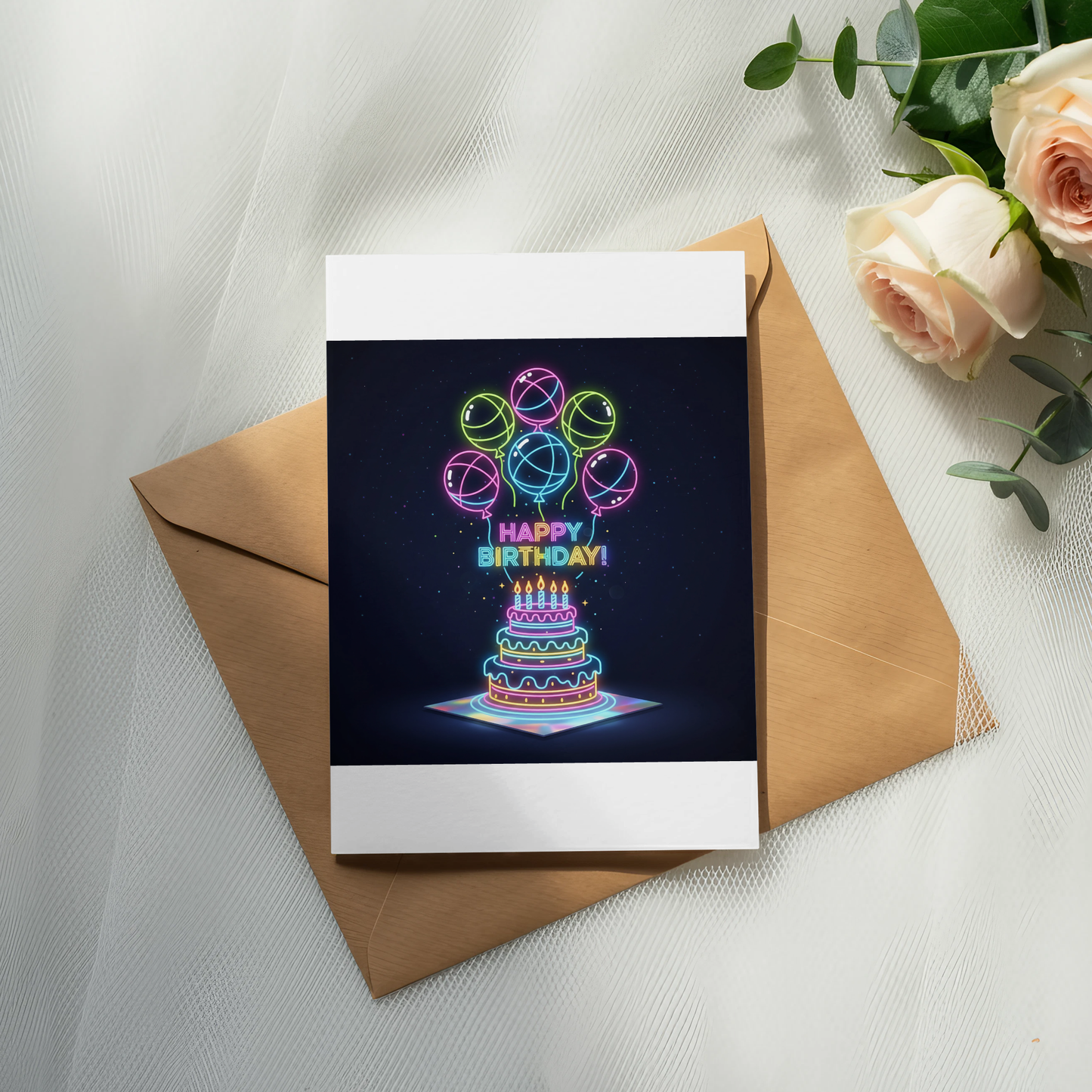 Colorful Birthday Card with Neon Balloons and Cake, Elegant Envelope Included, Festive Greeting Card for All Ages