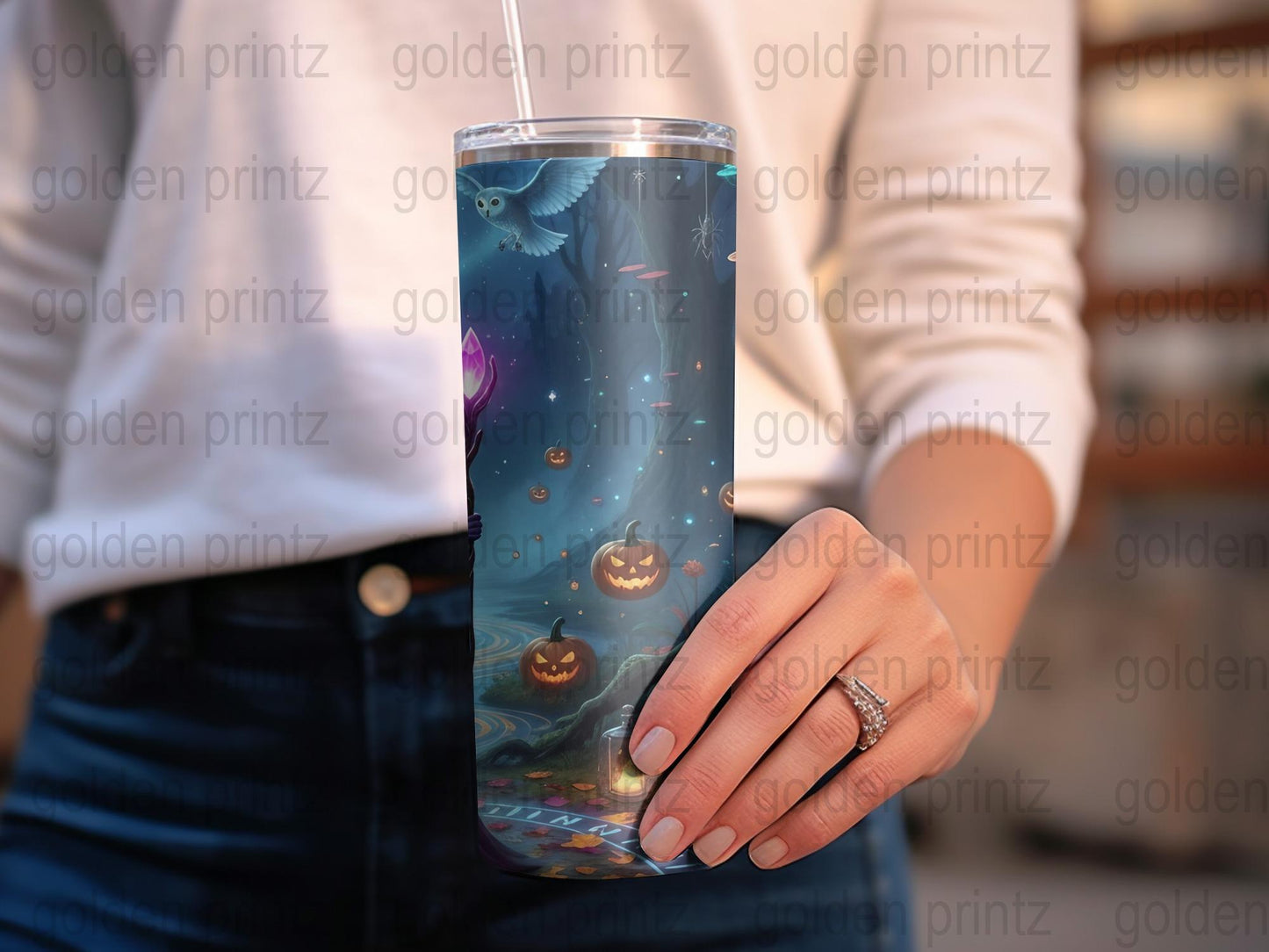 Spooky Halloween Themed Tumbler, Insulated Travel Cup, Witch and Pumpkin Design, 20 oz Drinkware