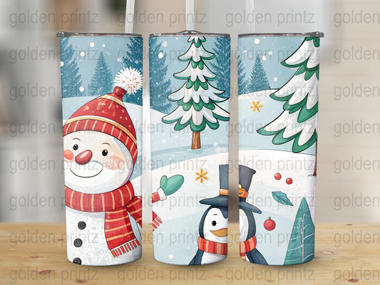 Winter Themed Tumblers, Snowman and Penguin Design, Christmas Gift, Insulated Drinkware, Set of 3