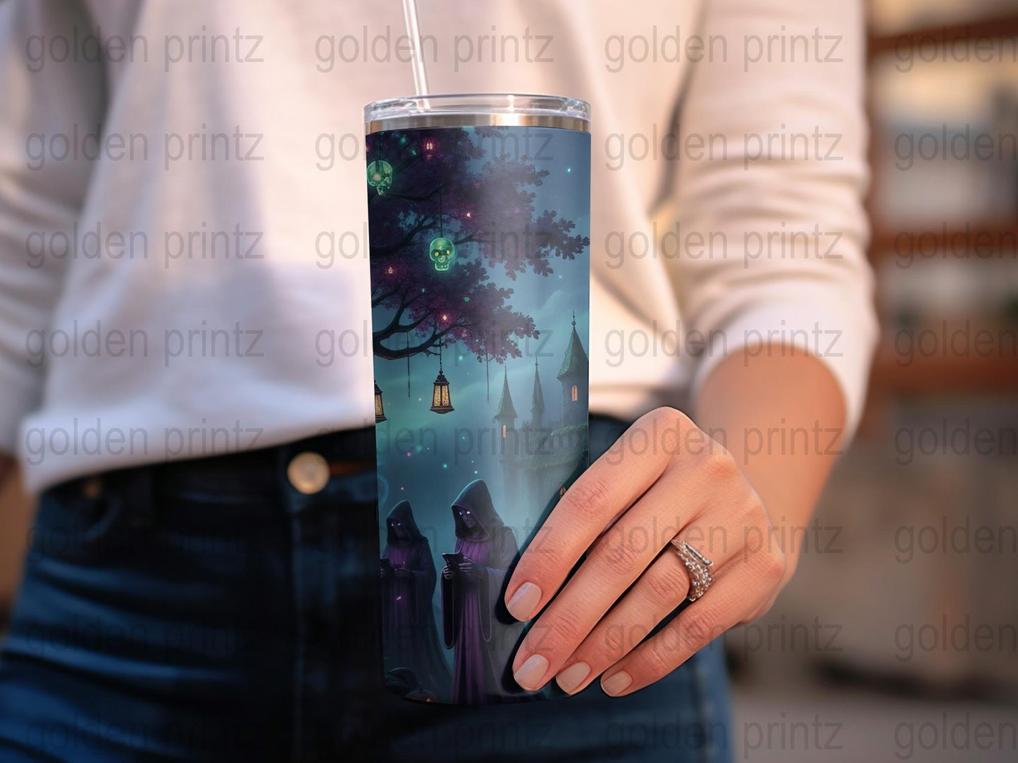 Enchanted Forest Tumbler, Insulated Travel Mug, Spooky Tree and Lantern Design, Unique Drinkware Gift, Fantasy Art Cup