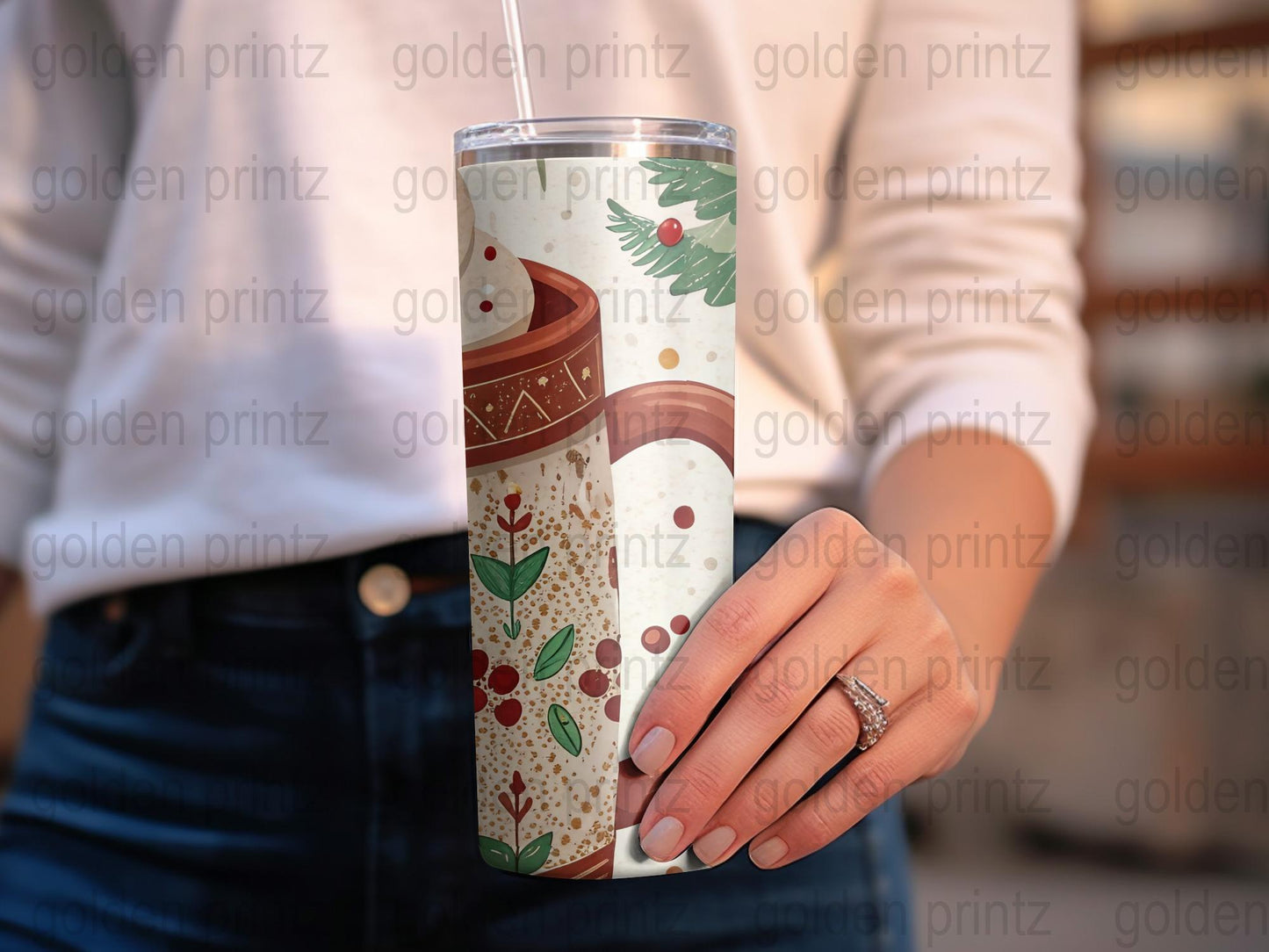 Holiday Themed Tumbler with Straw, Insulated Acrylic Cup, Christmas Gift, Festive Drinkware