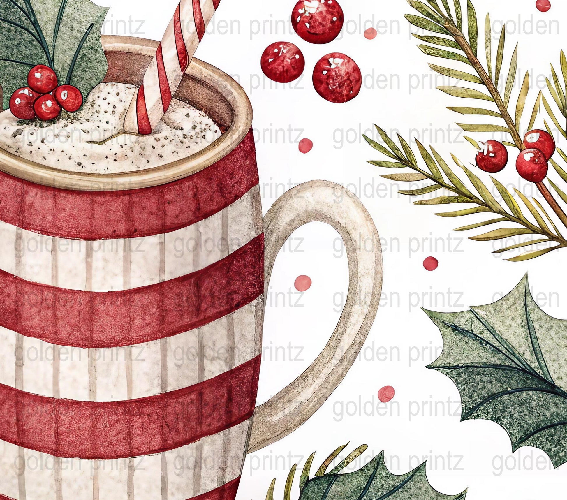 Winter Holiday Coffee Mug Print Festive Red White Stripes Holly Berries Art