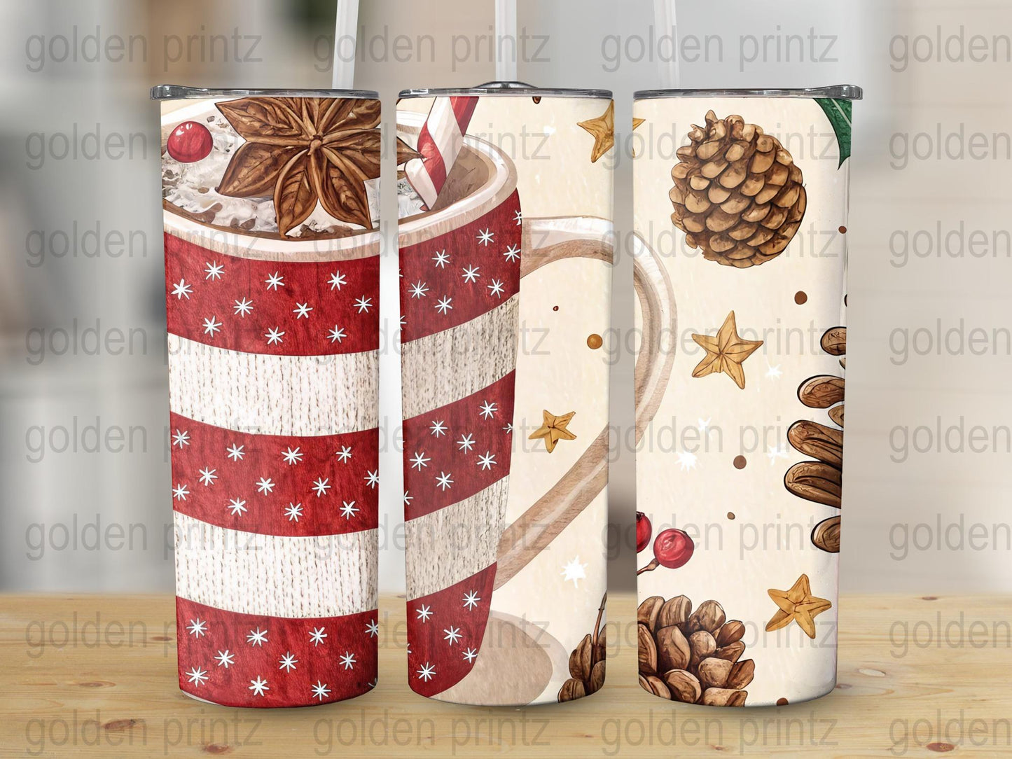 Christmas Tumbler Set, Holiday Spice Designs, Star and Pinecone Motifs, Insulated Drinkware